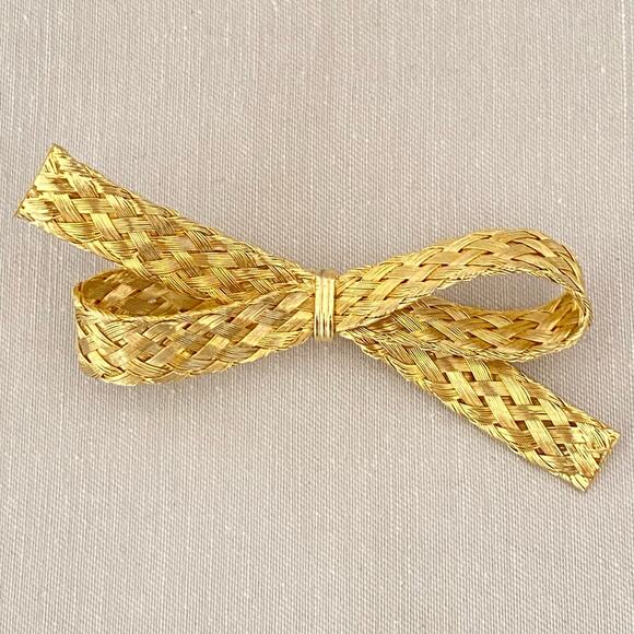 Bow Brooch Gold Tone Woven Wire Ribbon - Picture 3 of 7